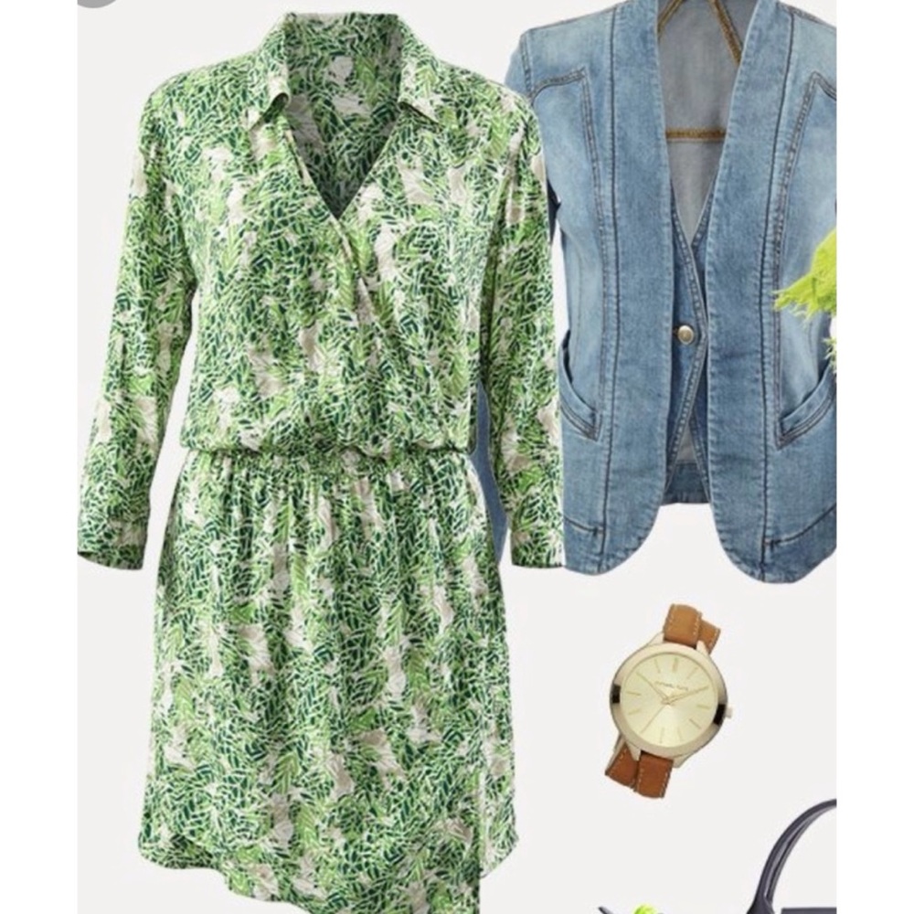 CAbi Green and White Botanical Print Mini Dress